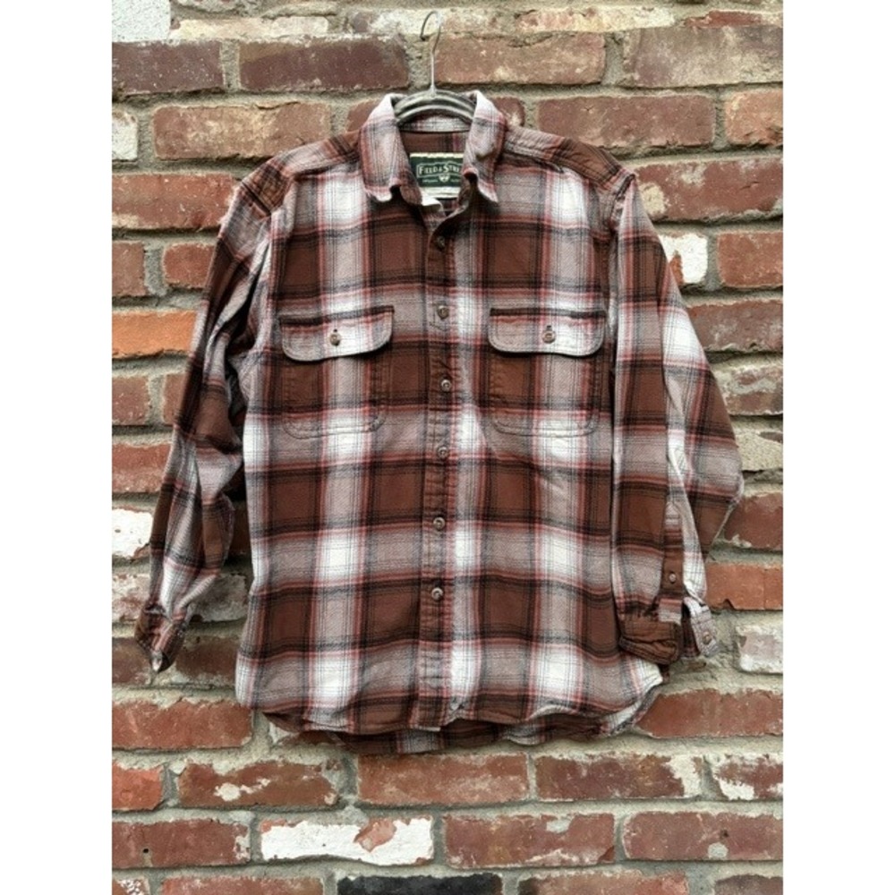 Vintage Field & Stream Mens Brown Plaid Flannel Heavy Weight Cotton Size Medium